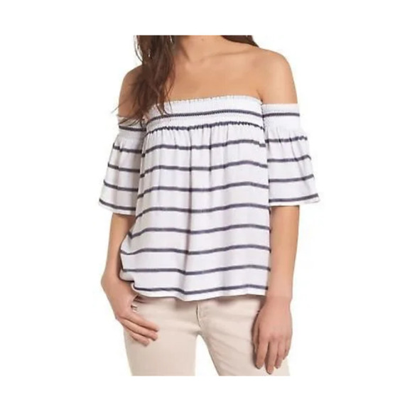 Rails Isabelle Off-the-shoulder Top S Smocked Neck Blouse White Royal Stripe - Picture 1 of 8
